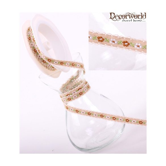 Textil szalag hímzett fehér-barna 9mm/10m