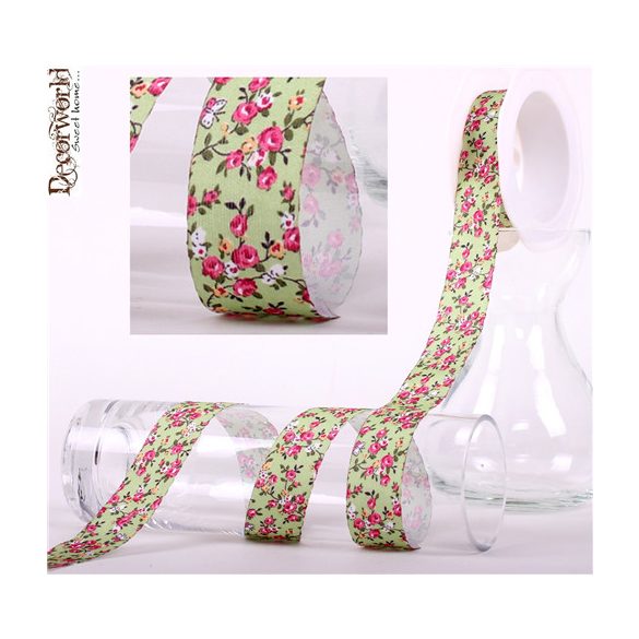 Textil szalag drótos virágos 25mm/10m - Zöld
