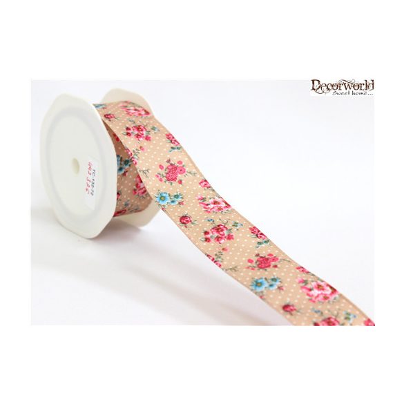 Textil szalag drótos virágos 25mm/10m - Drapp