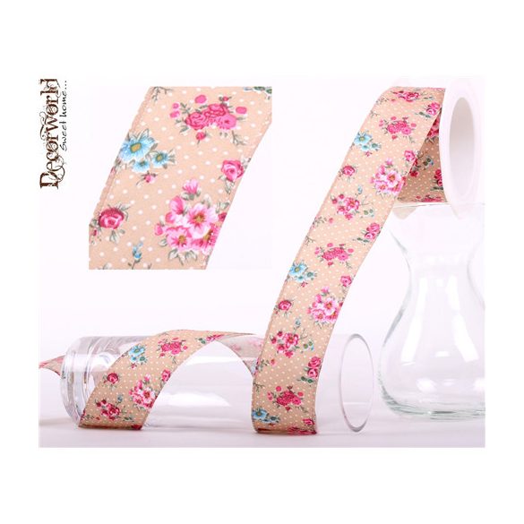 Textil szalag drótos virágos 3,8/10m - Drapp