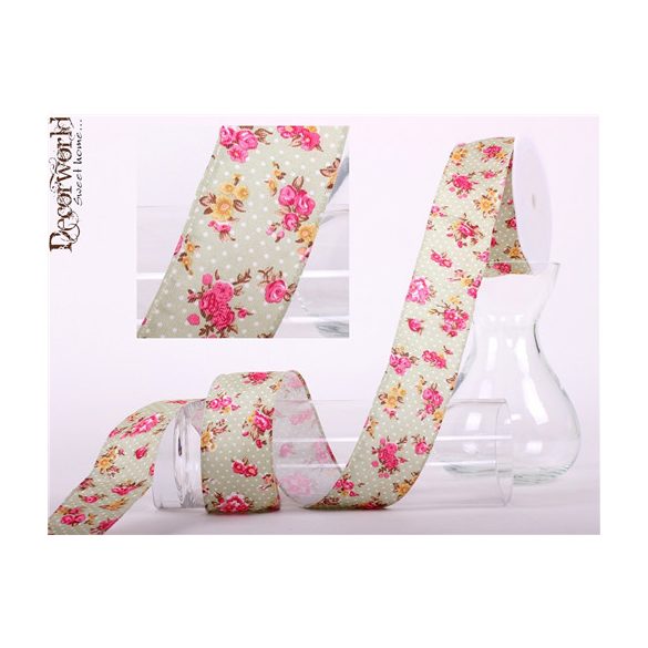 Textil szalag drótos virágos 3,8/10m - Zöld