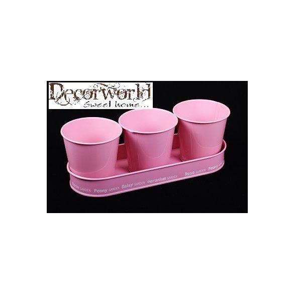 Bádog kaspó 3db + tálca pasztell - Rózsaszín