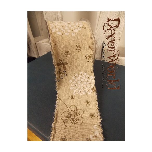 Szalag vászon szürke/fehér virágos 62mmx10m