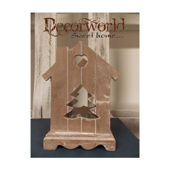 Fa mécsestartó fenyőfás ablakos natúr+üveg 17cm