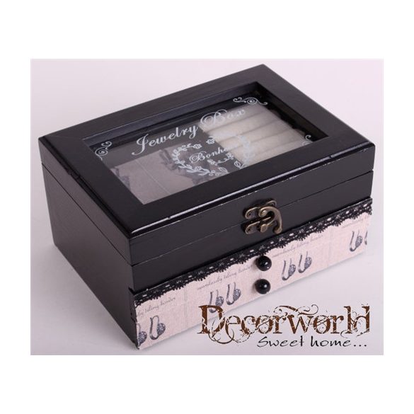 Fa+üveg ékszertartó doboz krém/fekete 21,5x17cm
