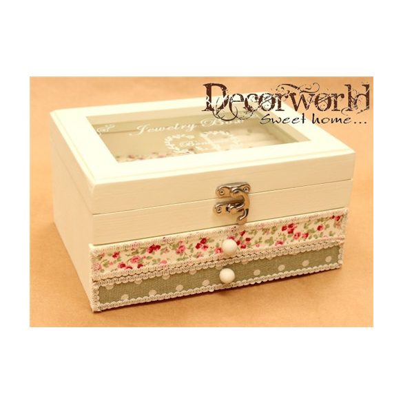 Fa+üveg ékszertartó doboz pöttyös/virágos 21,5x17cm