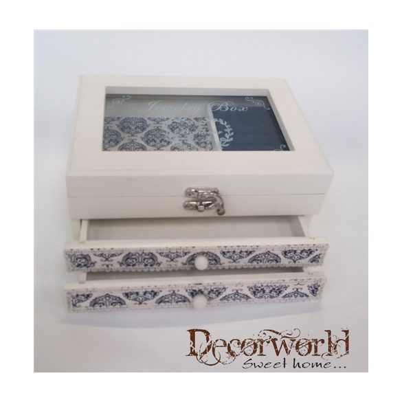 Fa+üveg ékszertartó doboz kék/csipke 21,5x17cm