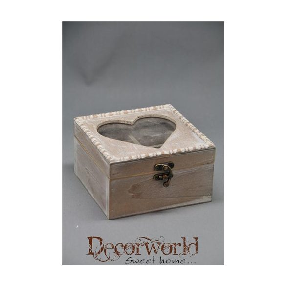 Ékszertartó doboz szíves fa15X 15X9cm fehérített barna