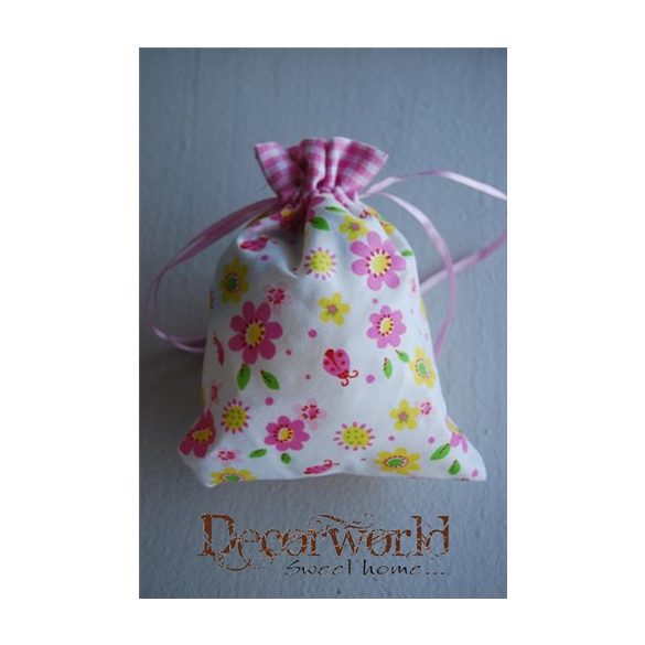 Tasak virágos-pöttyös textil 12x15cm - Rózsaszín-fehér-sárga