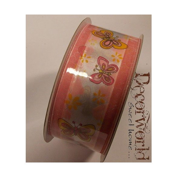 Szalag pillangós textil 3,8cm x10m pink-sárga