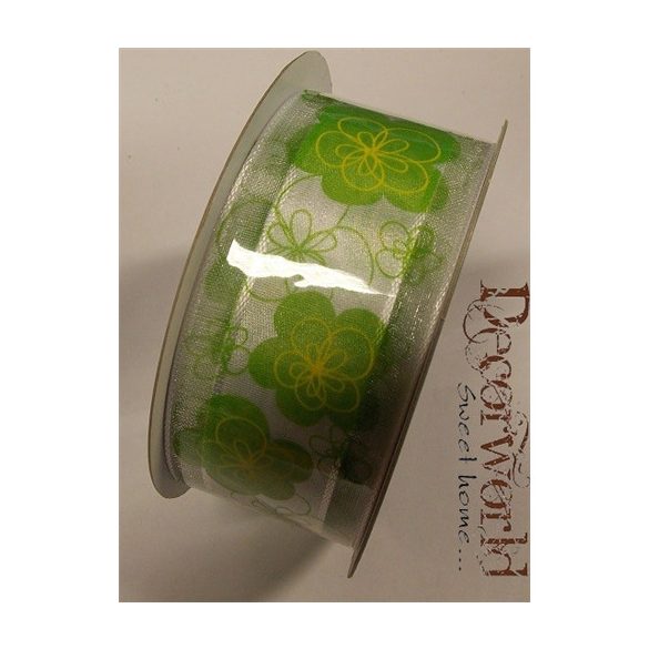 Szalag virágos textil 3.8x10m zöld-fehér