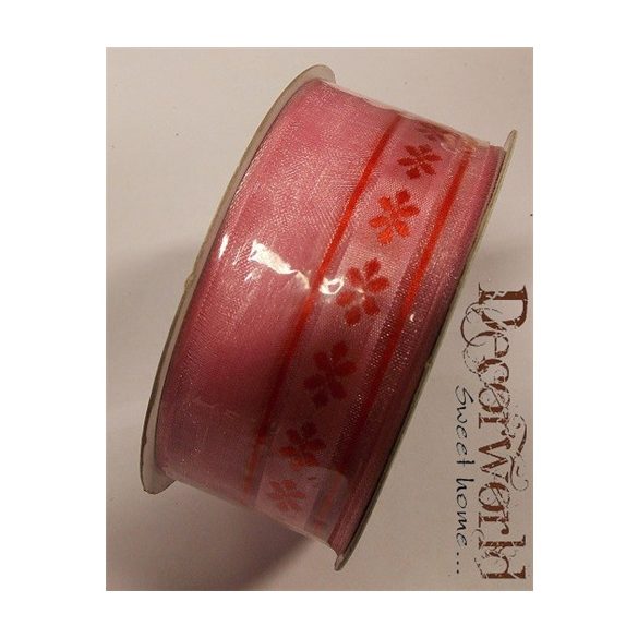Szalag organza virágos 3,8cm x10m - Piros-rózsaszín