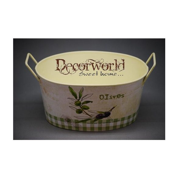 Kaspó füles ovális bádog23x15,5x11,5cm krém-zöld-lila