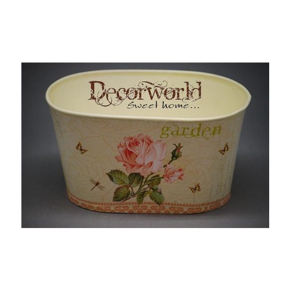 Kaspó rózsás ovális bádog 18,5x11x10,5cm krém-rózsaszín-zöld