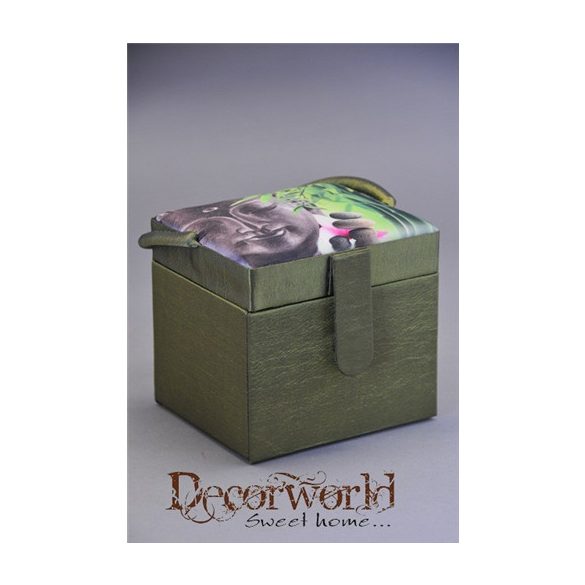 Ékszertartó doboz füles Buddhás textil 10x9x9,5cm zöld-fekete