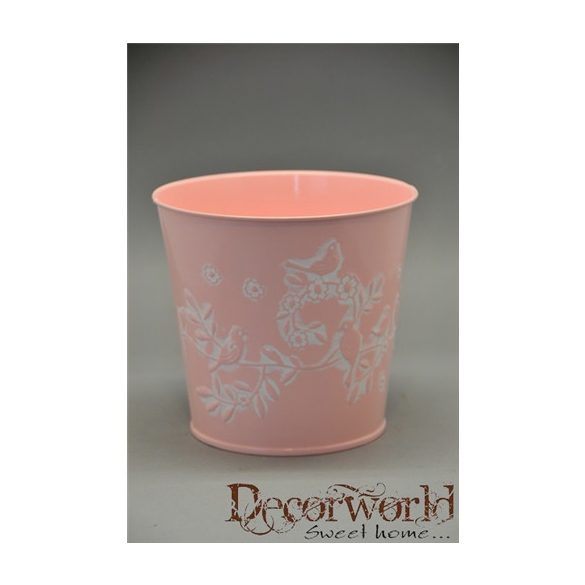 Kaspó madaras bádog 15x11,5x14cm rózsaszín-fehér