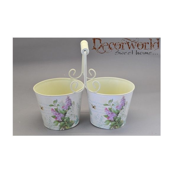 Dupla kaspó füles orgonás bádog 26x13x22cm krém-pink-lila