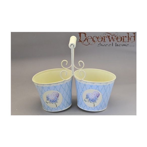 Dupla kaspó füles hortenziás bádog 26x13x22cm krém-kék-lila