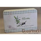   Doboz szőgletes olívás bádog 28x18,5x5,5cm - Krém-zöld-lila