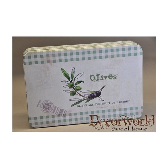 Doboz szőgletes olívás bádog 28x18,5x5,5cm - Krém-zöld-lila
