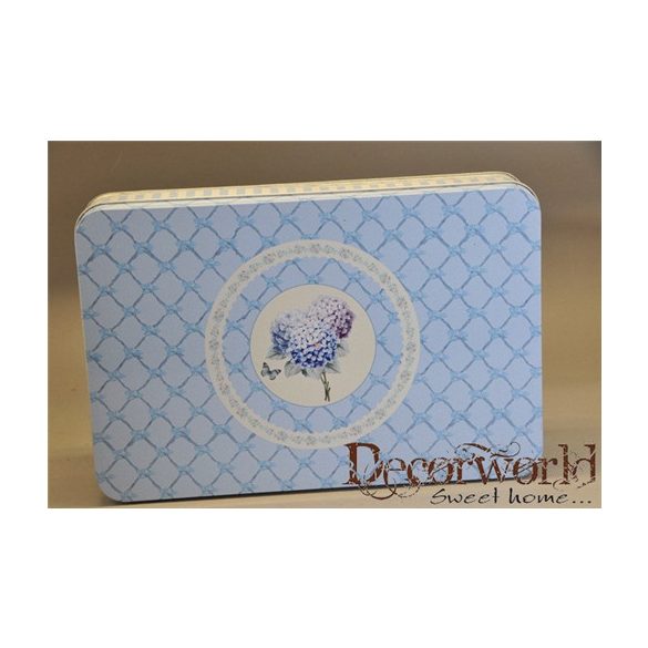 Doboz szögletes orgonás bádog 28x18x5,5cm krém-kék-lila