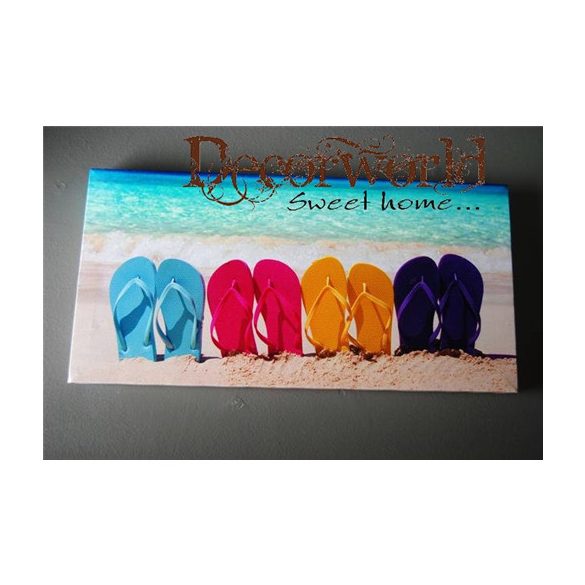 Flip-flop-ok a tengerparton kép fa-textil 40x20x2,5cm türkiz-lila-pink-sárga