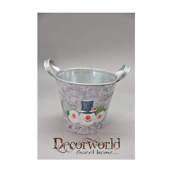 Kaspó füles hóemberek 17x14,5cm fehér-zöld-narancs-ezüst