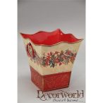   Kaspó szögletes füles karácsonyi girlandos bádog 12,5x12,5x14cm zöld-piros-fehér