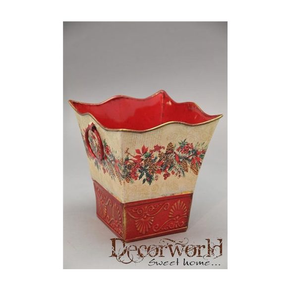 Kaspó szögletes füles karácsonyi girlandos bádog 12,5x12,5x14cm zöld-piros-fehér