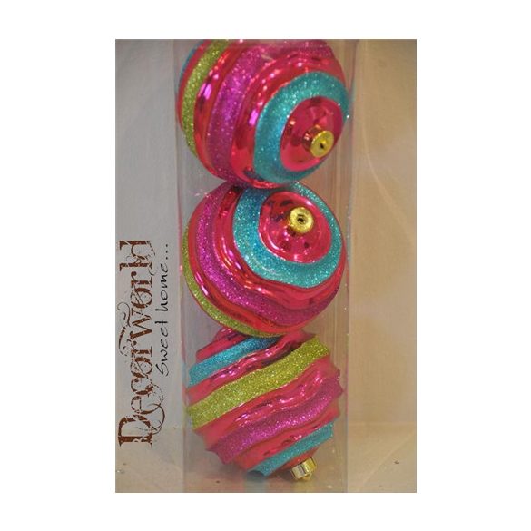 Karácsonyfa dísz glitteres akasztós mű.a 15cm zöld-pink-türkíz s/3db