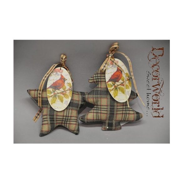 Csillag, fenyőfa madárral akasztós dísz textil fa 10,5cm - 2féle