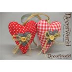  Szív pöttyös-kockás akasztós dísz textil 8cm - Piros-fehér-szürke 2féle