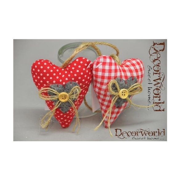 Szív pöttyös-kockás akasztós dísz textil 8cm - Piros-fehér-szürke 2féle
