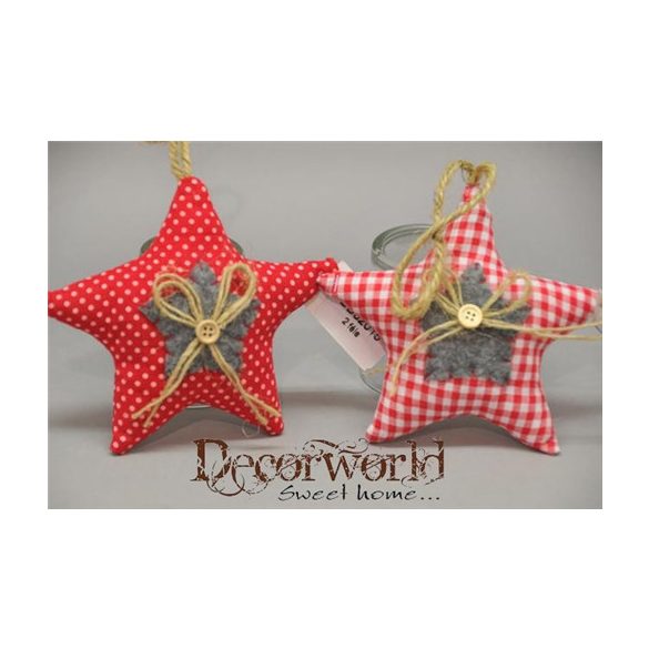 Csillag pöttyös-kockás akasztós dísz textil 13cm piros-fehér-szürke 2féle