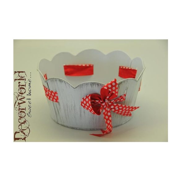 Kaspó masnival pöttyös bádog 25x20x9cm fehér-piros