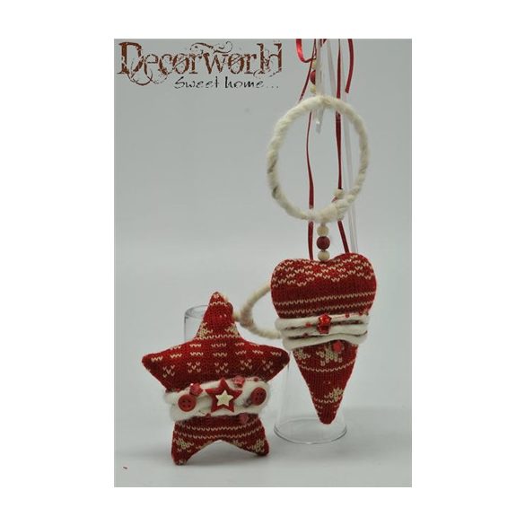 Szív ablakdísz akasztós szövet piros-fehér 5,5x8x3cm