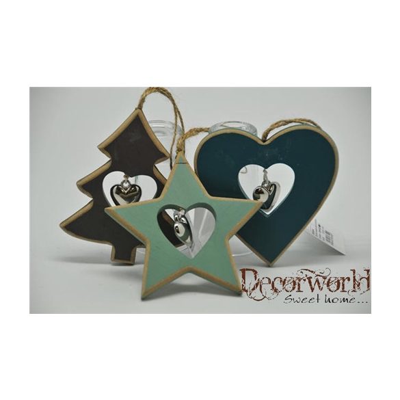 Szív dísz akasztós szövet kék-barna 9x11cm