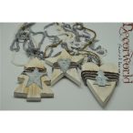   Szív-fenyőfa-csillag ablakdísz akasztós fa 11x78cm natúr-barna-ezüst 3féle