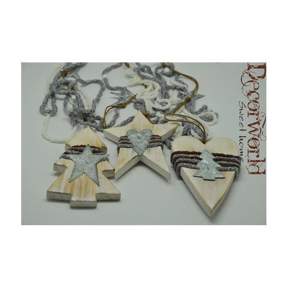 Szív-fenyőfa-csillag ablakdísz akasztós fa 11x78cm natúr-barna-ezüst 3féle