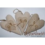 Szív dísz akasztós textil 10x16cm - Natúr 3 féle