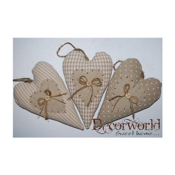 Szív dísz akasztós textil 10x16cm - Natúr 3 féle
