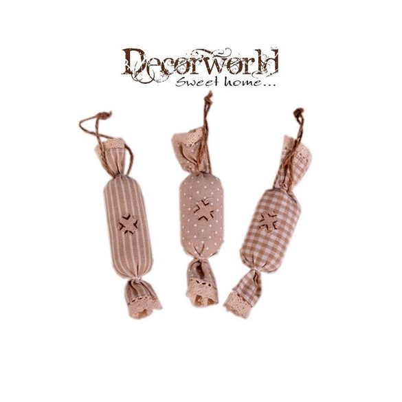 Szaloncukor dísz akasztós textil 4x16cm natúr 3 féle