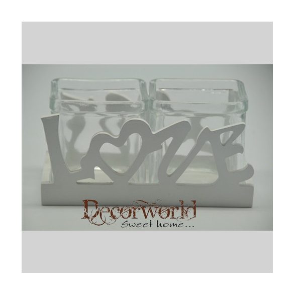 Mécsestartó "Love" fa üveggel 16x9x8,5cm - Fehér