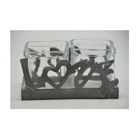 Mécsestartó "Love" fa üveggel 16x9x8,5cm - Szürke