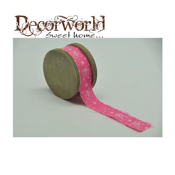 Szalag pillangó mintás textil 7x7x4,3cm x 3m - Rózsaszín