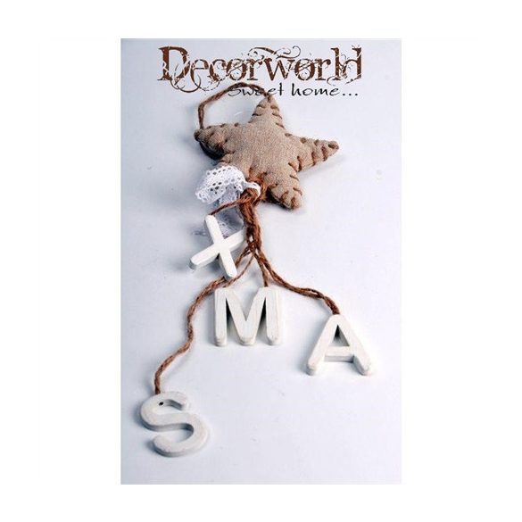 Csillag feliratos akasztós dísz fa-textil 10x32cm fehér