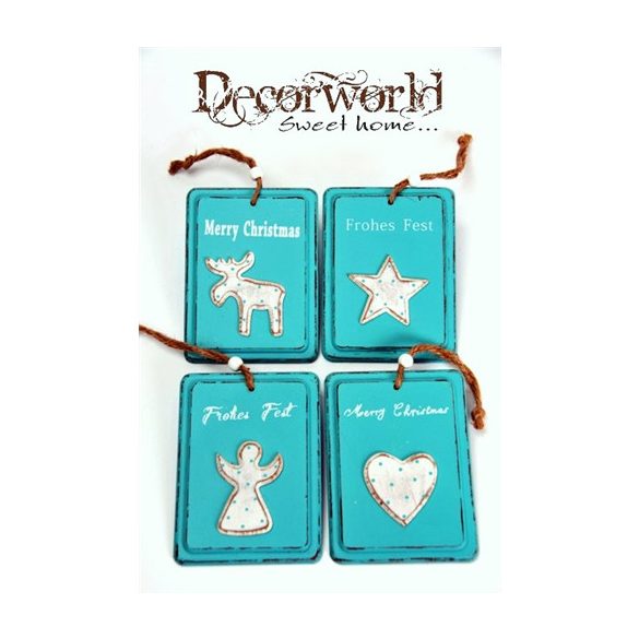 Dísz akasztós csillag-szív-angyalrénszarvas fa 25x11x14cm kék 4 éle