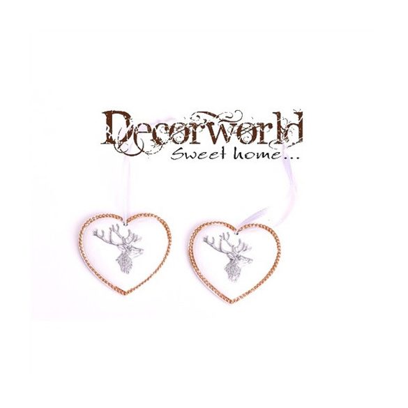 Karácsonyfadísz akasztós szív ezüst rénszarvassal 5,1x4,8x0,8cm fehér S/2db
