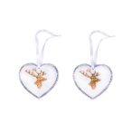   Karácsonyfadísz akasztós szív arany rénszarvassal 5,1x4,8x0,8cm fehér S/2
