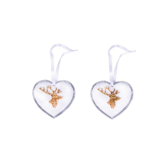 Karácsonyfadísz akasztós szív arany rénszarvassal 5,1x4,8x0,8cm fehér S/2